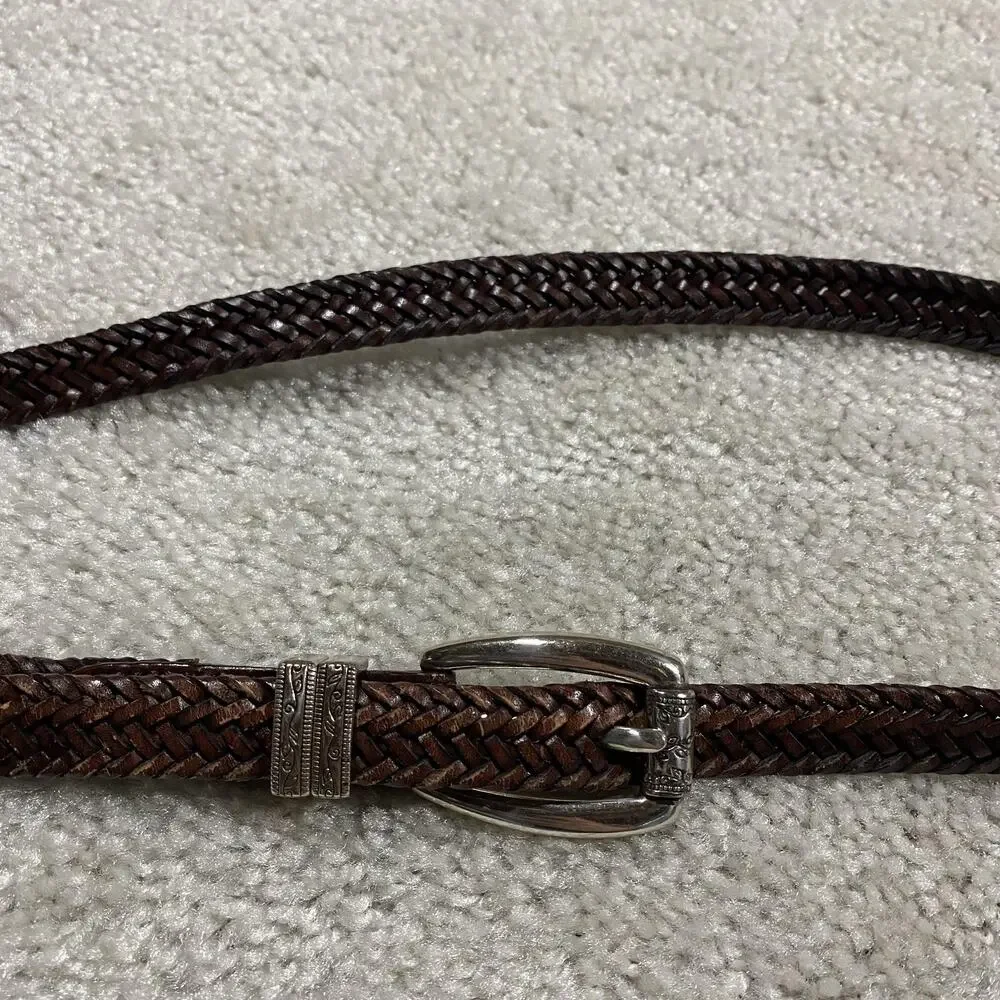 VTG Talbots Belt Womens S Brown Braided Leather Silver Buckle Skinny Boho